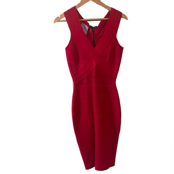 Herve Leger v neck cross cross detail red midi bandage dress w/ zipper & clasp - Picture 3 of 11